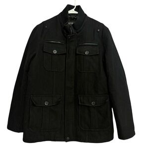 GUESS Men's Black Wool-blend Military Coat with a Quilted Lining Size Large